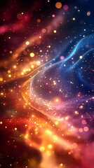 Fototapeta premium Cosmic beauty Glowing abstract nebula with orange and blue swirls, bokeh elements