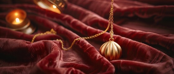 Elegant golden pendant on rich burgundy velvet fabric with soft candlelight ambiance