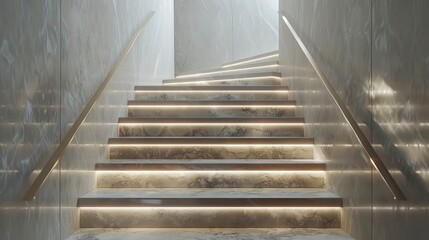 Modern illuminated staircase with sleek marble steps leading to a bright, airy space above