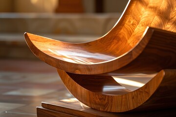 Elegant wooden lounge chair positioned in a sunlit room, showcasing craftsmanship and design