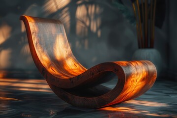 Elegant wooden lounge chair in a softly lit room with shadows and decorative plants in the background