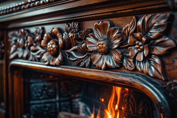Ornate wooden fireplace with intricate floral carvings and a warm, glowing fire in a cozy room