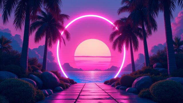 Neon Palm Trees And Sunset Glowing