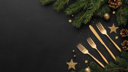 Golden cutlery on a dark stone table, modern and sophisticated Christmas or New Year dining setup. Ideal for banners, menus, and invitations.