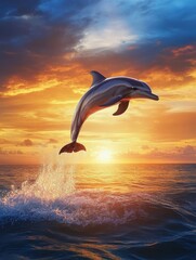 Obraz premium A graceful dolphin leaping out of the ocean with a colorful sunset in the background