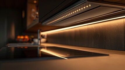 Modern kitchen interior showcasing sleek design, ambient lighting, and cooking setup with fruits