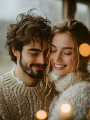 Couple embracing warmly, smiling, wearing knit sweaters by a window