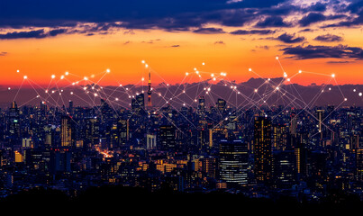 Obraz premium A vibrant city skyline at sunset, interconnected by digital network lines, showcasing a blend of technology and urban beauty.