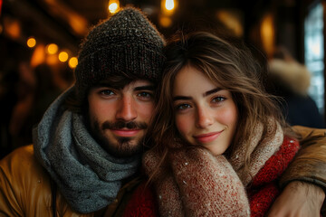 Couple in cozy winter gear indoors with warm light