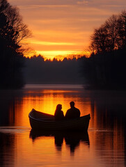 Couple in boat on water Scenic, romantic, and beautiful view of sunrise / sunset