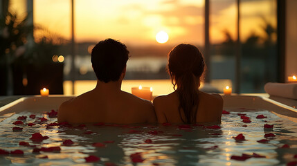 Couple in tub with flowers at sunset