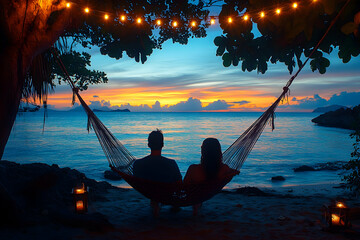 Couple in hammock watching sunset over sea