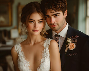Couple in wedding attire, romantic portrait
