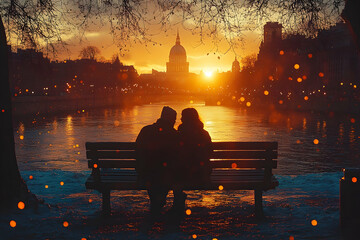Couple on bench at sunset, buildings on the horizon, golden light