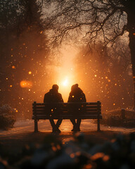 Couple on bench in park Sun is setting Winter scene with snow, trees