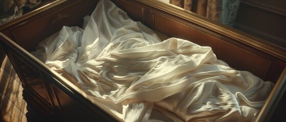 Elegant satin draped over an antique wooden coffin in a softly lit room, evoking a serene atmosphere
