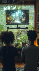 Couple playing video game by large window Forest scene shown on screen