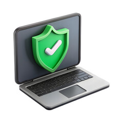 3D Computer laptop with security shield. Cyber privacy concept. Safety and protection. Personal data security. Green check mark. Cartoon creative design icon isolated on white background. 3D Rendering