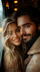 Couple portrait by a window, cozy embrace, smiling faces, soft focus, intimate moment