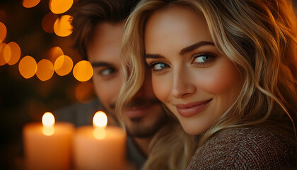 Couple Smiling woman in focus, blurred man, warm light, candles, soft tones