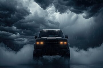 A rugged vehicle facing a stormy sky, surrounded by rain and mist, symbolizing adventure and resilience