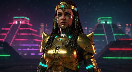 Fototapeta premium Apex Legends: New Legend Unveiled, Futuristic Mayan Warrior in Neon Cityscape