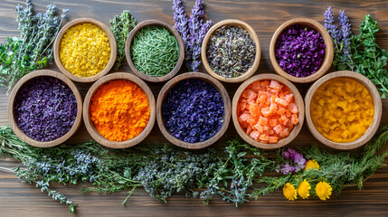 Colorful herbs and flowers displayed in wooden bowls on a textured surface