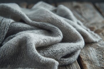 Soft gray knitted fabric draped elegantly on rustic wooden surface, creating a cozy atmosphere