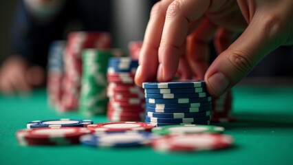 Naklejka premium Hand Stacking Blue Poker Chips