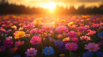 Obraz premium Vibrant cosmos flowers bathed in golden sunset light