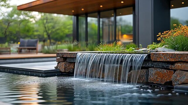 Modern poolside waterfall feature, tranquil evening scene