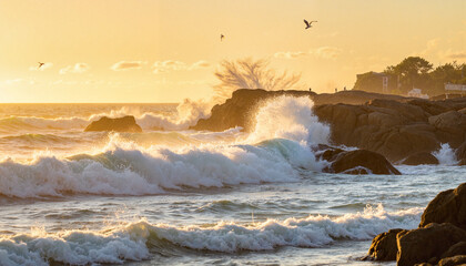 Waves crashing on rocks during sunset at the seaside, Ocean waves on the beach  
