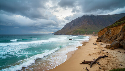 Coastal landscape with waves and mountains under cloudy sky, Ocean waves on the beach  