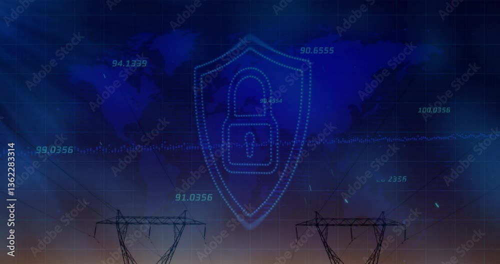 Poster digital lock and data animation over world map and power lines