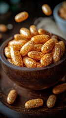 Fototapeta premium Amber-colored oblong capsules in a wooden bowl