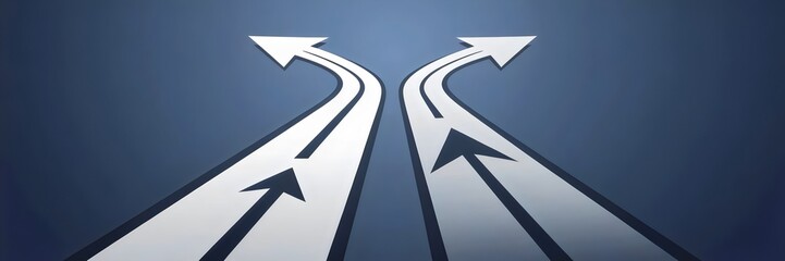 Design of two diverging paths with arrows on smooth blue gradient background – Ideal for corporate branding, business consulting, or project management.