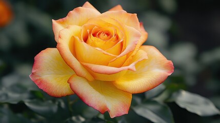 Orange rose with reddish edges on petals, soft natural light, and smooth green foliage