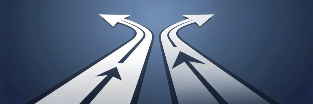 Design of two diverging paths with arrows on smooth blue gradient background – Ideal for corporate branding, business consulting, or project management.