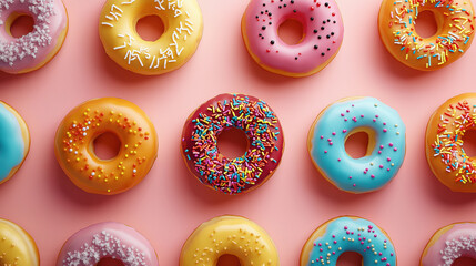 Colorful Glazed Donuts with Sprinkles on Pink Background