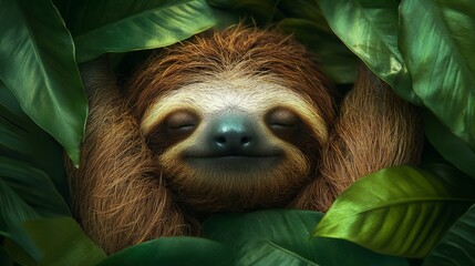 Sleepy sloth face with a calm expression and green jungle leaves 