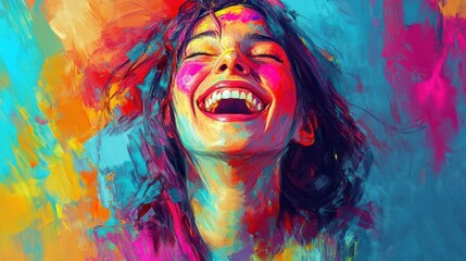Laughing happy woman celebrating Holi holiday, folk festival of colors in Nepal and India. Symbolizes arrival of spring, the expulsion of evil and the rebirth of life. Generative AI abstract painting