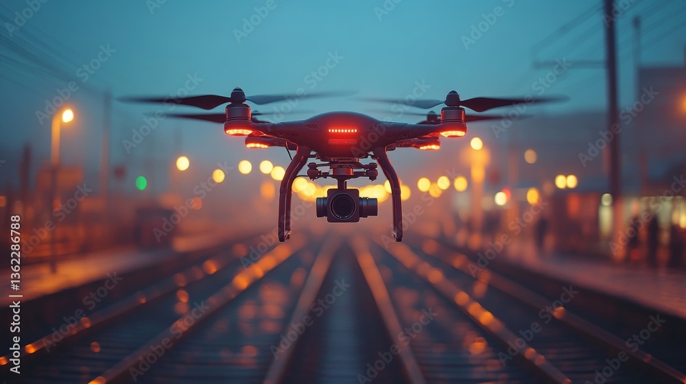 Poster Drones equipped with cameras conduct surveillance of transportation infrastructure at a railway checkpoint in the evening, ensuring security and efficient mobility.