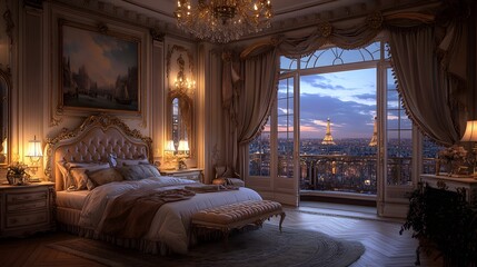 Obraz premium Elegant European bedroom showcases ornate moldings, silk drapery, antique wooden furniture, crystal chandelier, velvet upholstery, herringbone parquet, marble fireplace, Egyptian cotton bedding