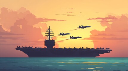 Cargo ship sailing at sunset, silhouetted vessel on water, vibrant orange and blue sky, peaceful maritime scene, ideal for travel themes.