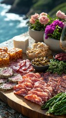 Fototapeta premium Delicious board filled with charcuterie, cheese, florals, and overlooking the ocean view