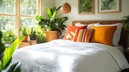 Bohemian style bedroom with colorful pillows and greenery nature-inspired decor indoor cozy serene atmosphere