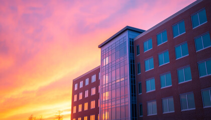 modern building with large glass windows reflects vibrant sunset, showcasing hues of pink and orange sky. architectural design is contemporary