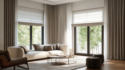 A visual showcasing Roman blind curtains as part of the living room decor. The curtains, with their classic and elegant folds, enhance the aesthetic of the space, illustration