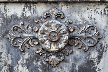 Ornate metal design on weathered door, vintage detail, architectural element, background texture