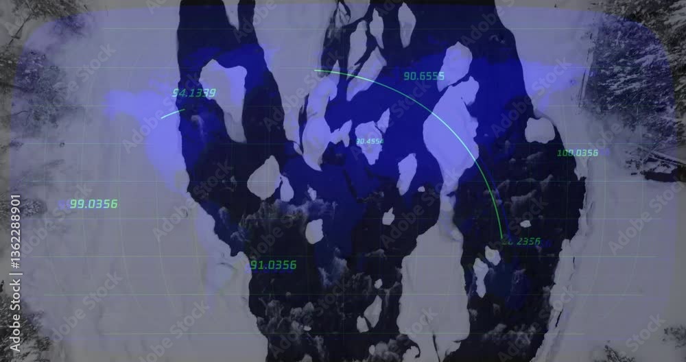 Poster animation of blue and black patterns with numerical data on white background